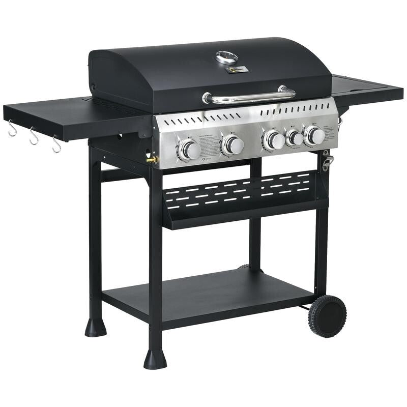 4+1 Gas BBQ Grill Trolley w/ Side Burner, Lid, Hooks, Shelf & Thermometer