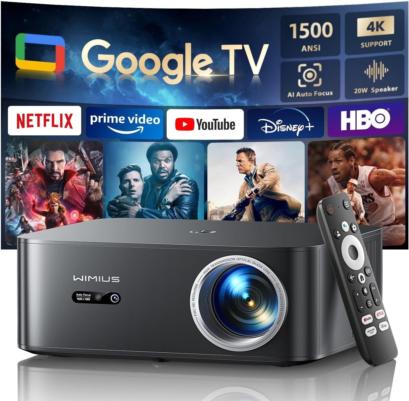 4K Smart Projector 1500 ANSI Google TV WiFi 6 Bluetooth Auto Focus