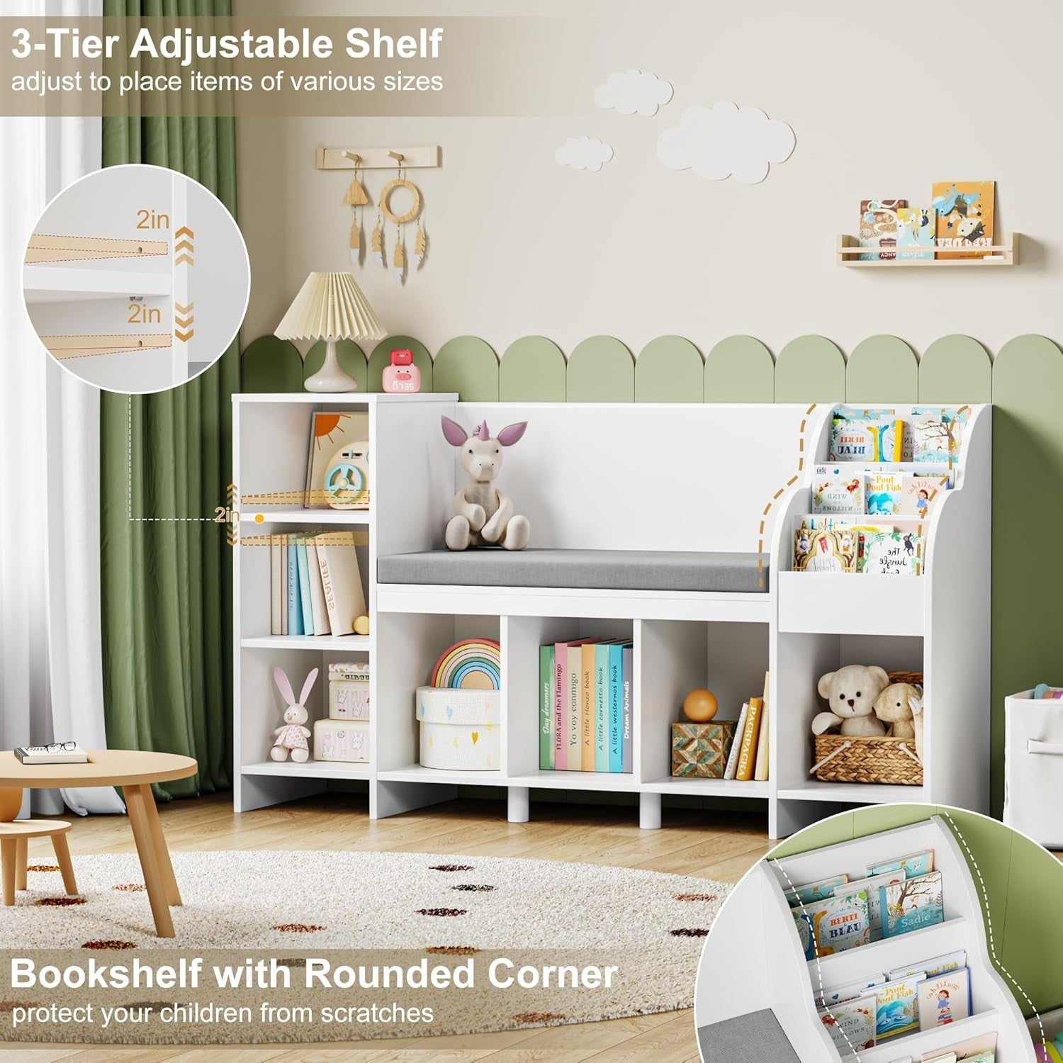 Kids Toy Storage Bookcase with Reading Bench 138.5cm, 7 Cubes, 4 Shelves