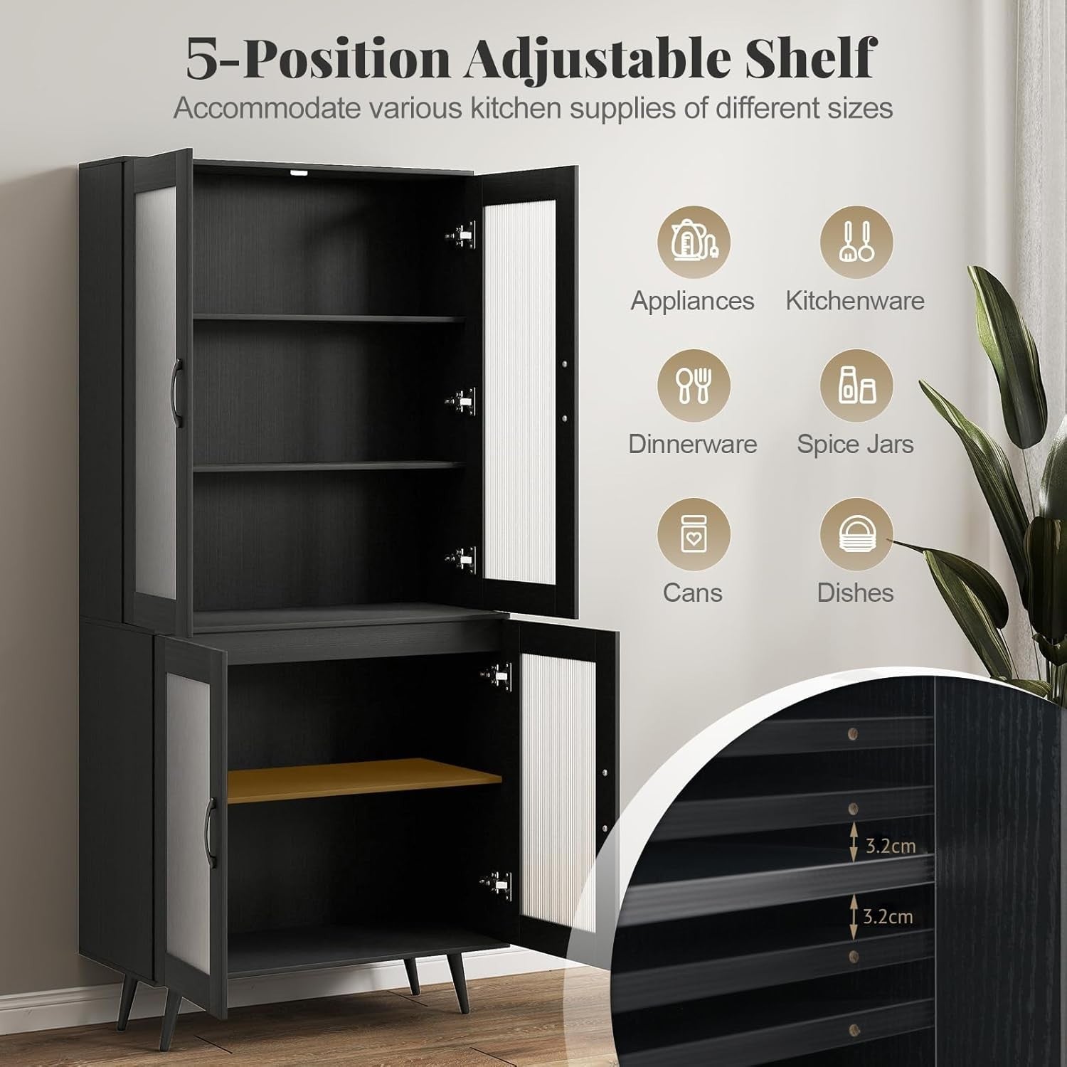 5-Tier Kitchen Cupboard Black with 4 Doors Adjustable Shelf Storage