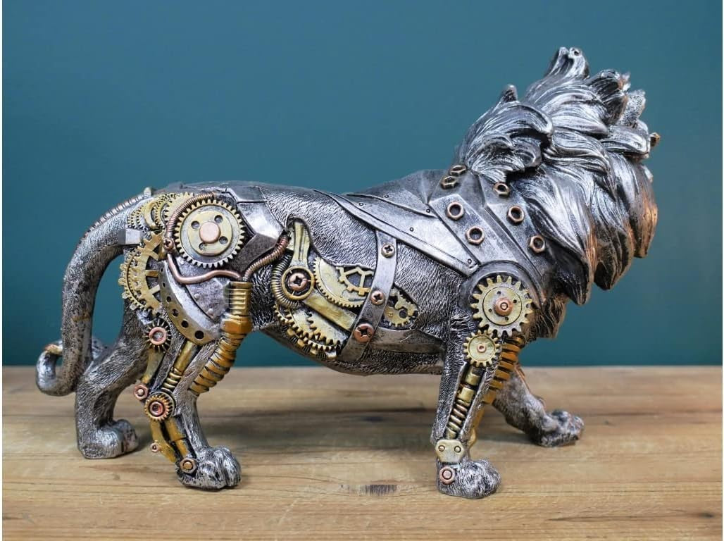 Steampunk Lion Ornament Resin Figurine Gold Silver Cogs Detail Home Decor Gift