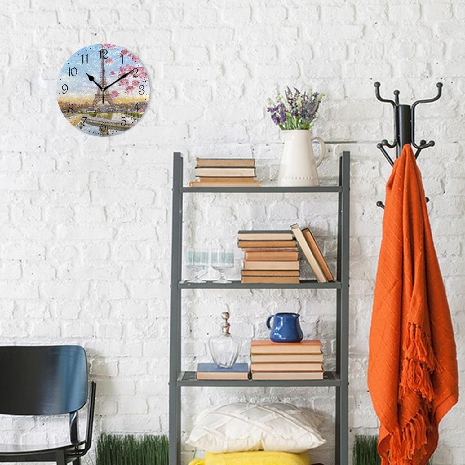 25cm Eiffel Tower Wall Clock – Silent Non-Ticking Spring Flowers Paris Decor