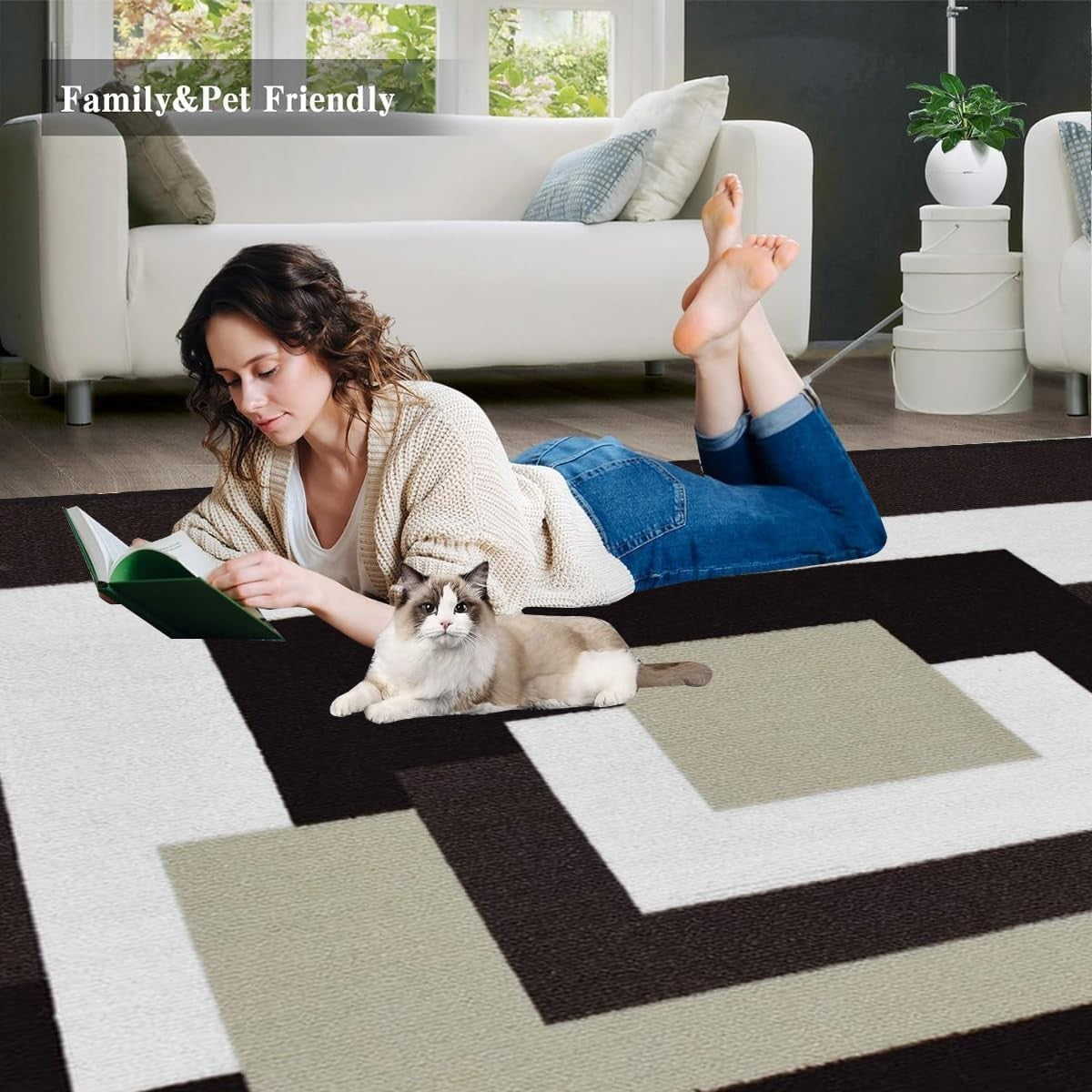 Modern Geometric Area Rug 120x170cm Non Slip Living Room Floor Carpet Beige