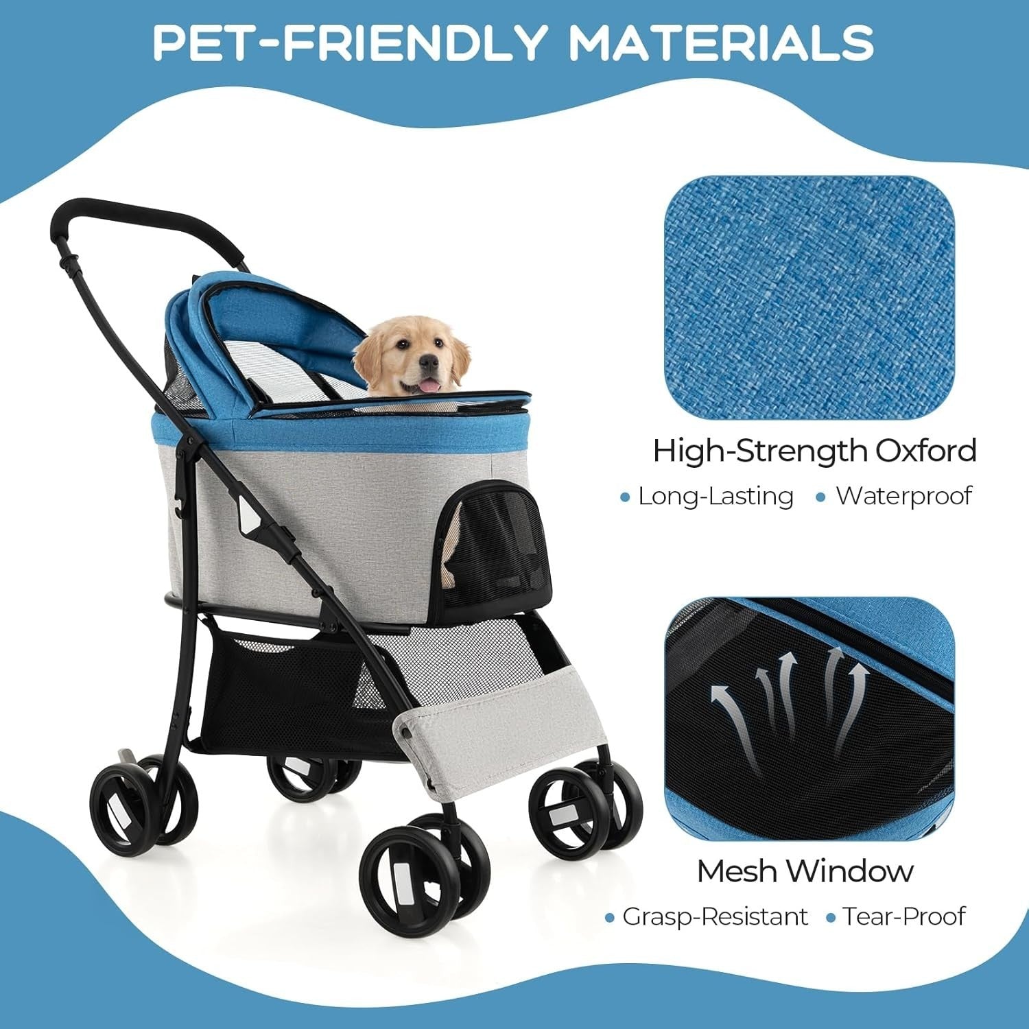 3in1 Pet Stroller Dog Pushchair Detachable Carrier Foldable Blue Grey