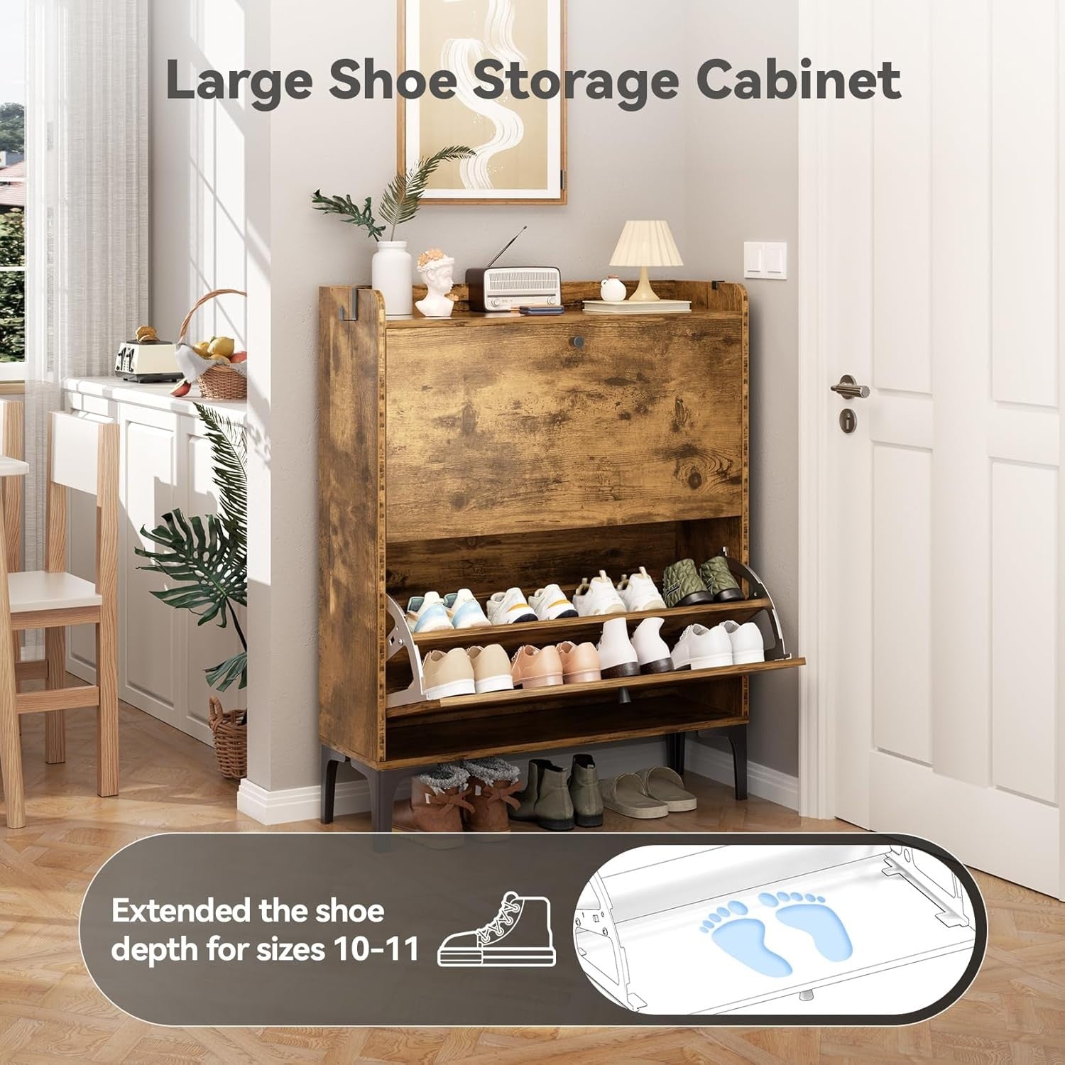 Rustic Brown 2 Drawer Shoe Cabinet with Adjustable Dividers & Flip Storage.