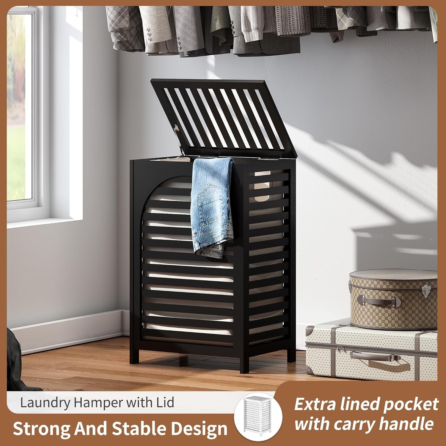 85L Black Bamboo Laundry Hamper with Lid Large Laundry Basket Removable Liner