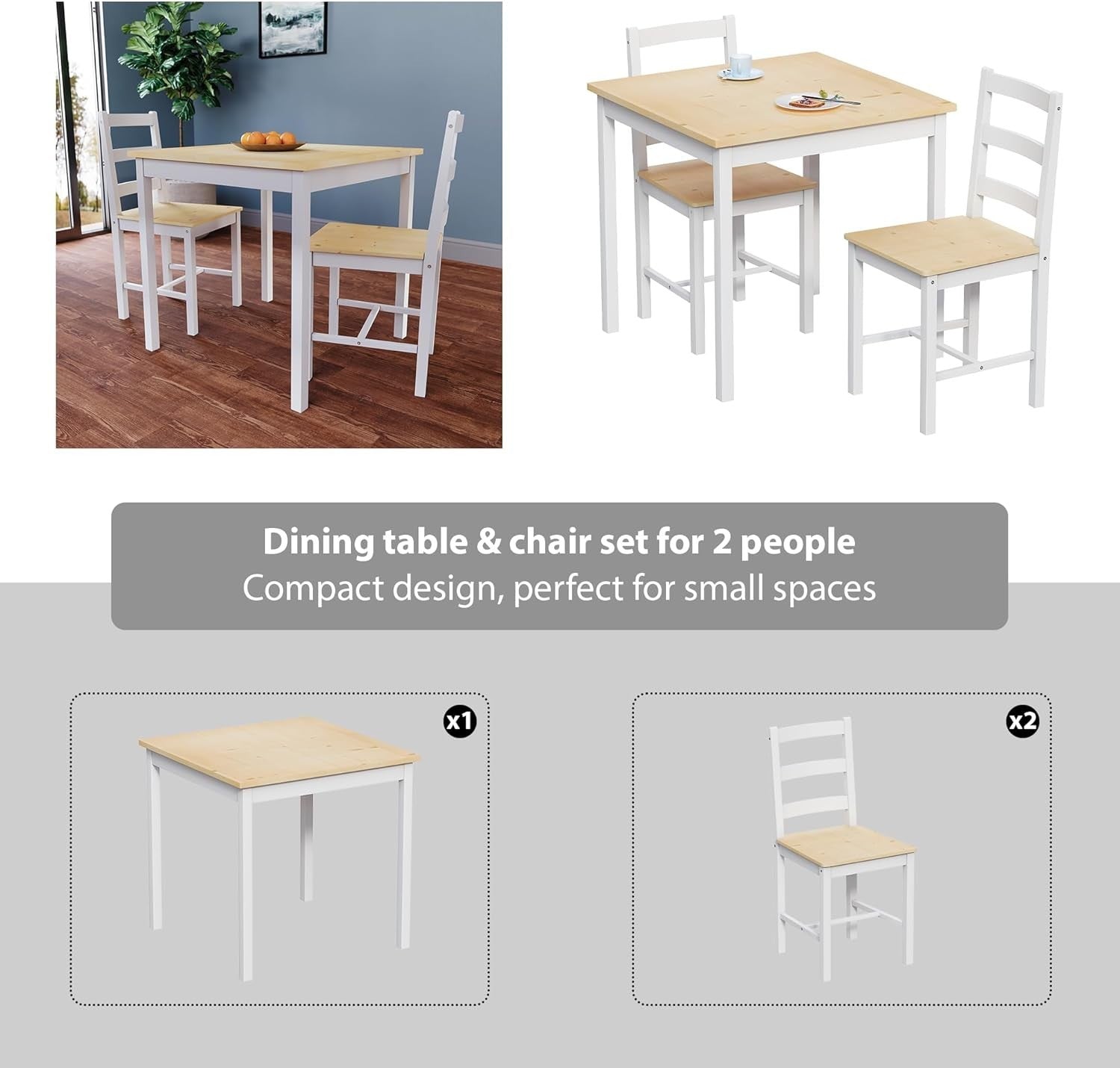 White & Pine 2 Seater Dining Table Set | Compact Kitchen Table & Chairs
