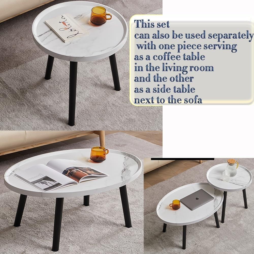White Nesting Coffee Table Set Oval & Round Wood Living Room Storage Side End