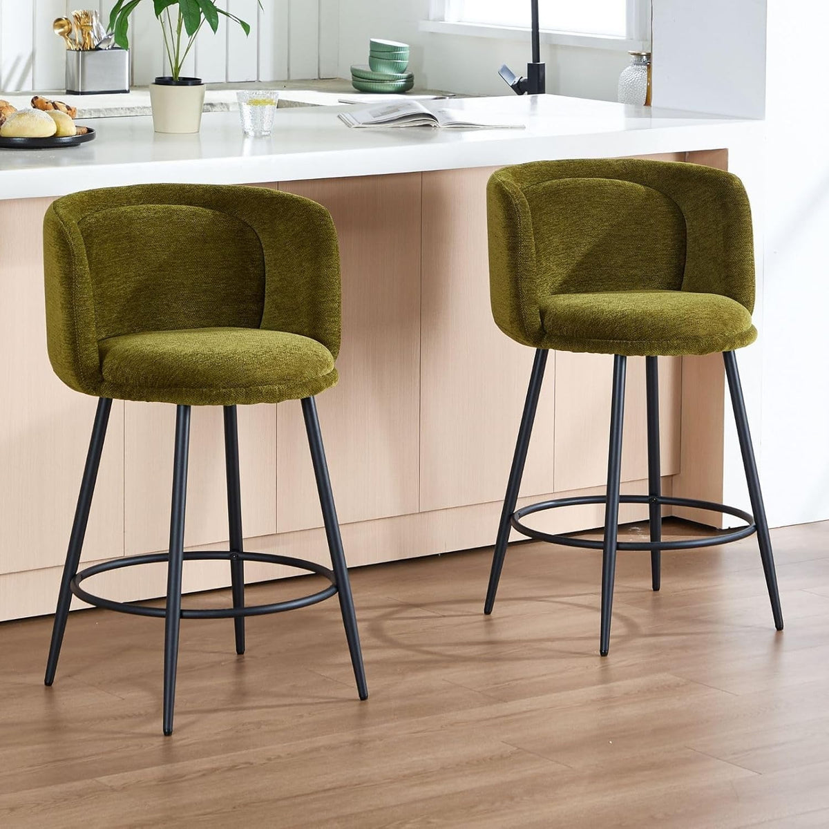 Counter Bar Stools Set of 2 | Green Chenille L-Shaped Dining Chairs