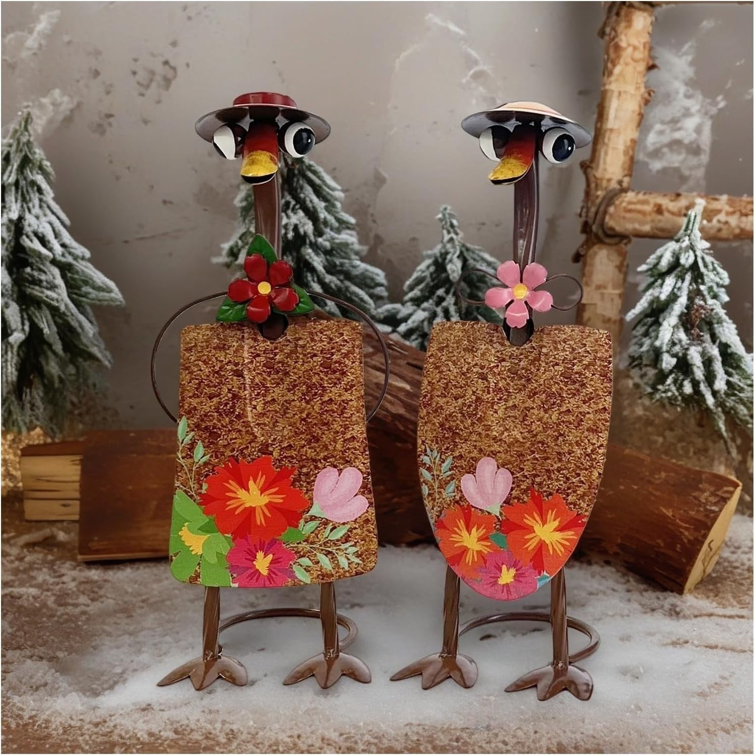 Metal Duck Garden Ornaments 29.5cm Floral Couple Yard Art Outdoor Decor Set