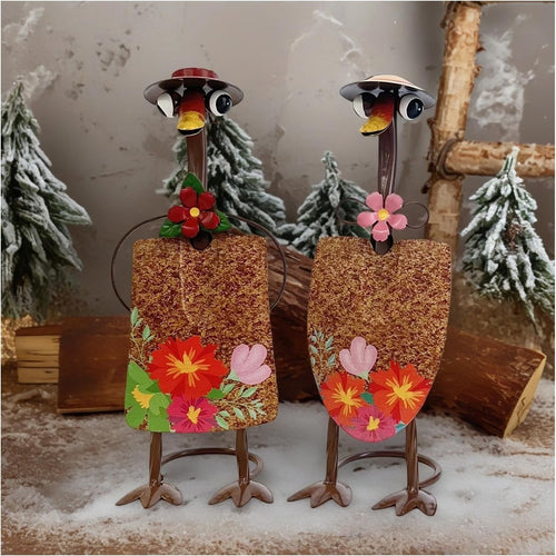 Metal Duck Garden Ornaments 29.5cm Floral Couple Yard Art Outdoor Decor Set