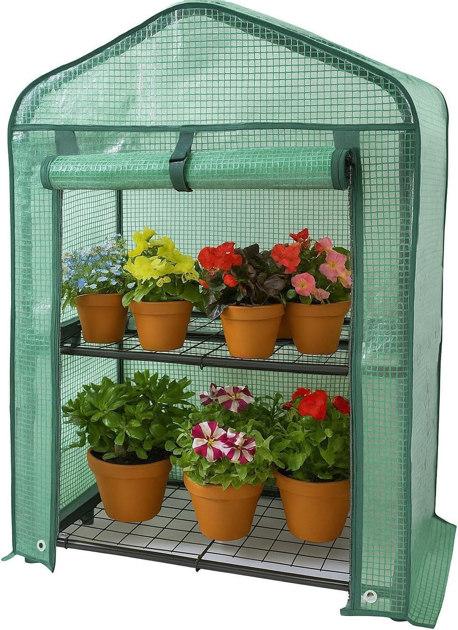 2 Tier Mini Greenhouse Shelves, PE Cover, Roll-Up Door, 55x45x85cm