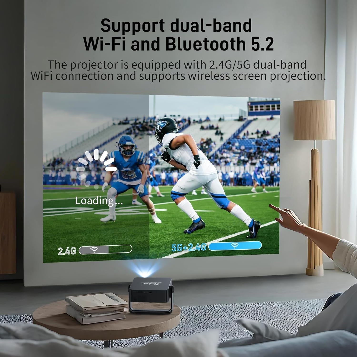 Mini 1080P Smart Projector 500 ANSI 4K WiFi 6 Bluetooth 360° Stand