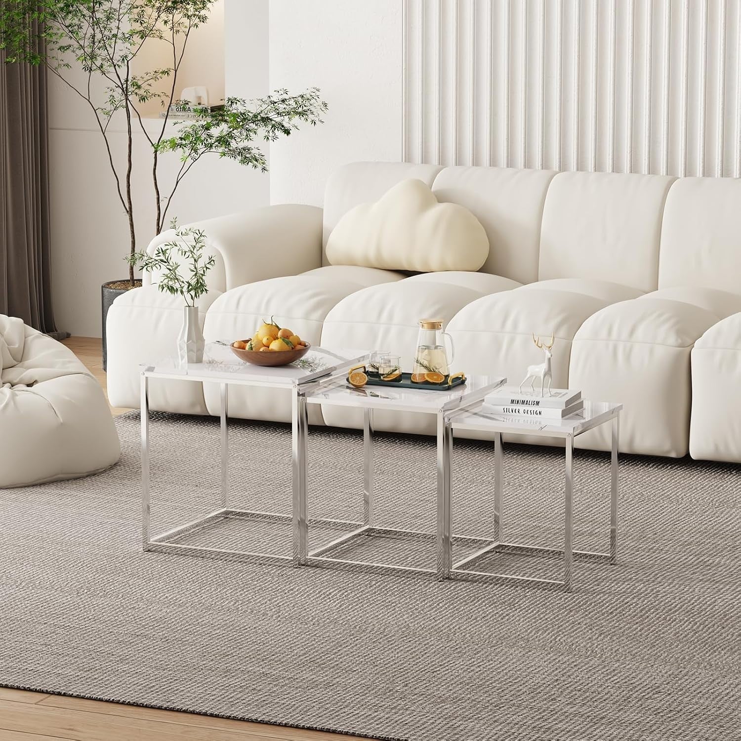 3 White Marble Nesting Tables Set Coffee End Side Table Square Space Saving