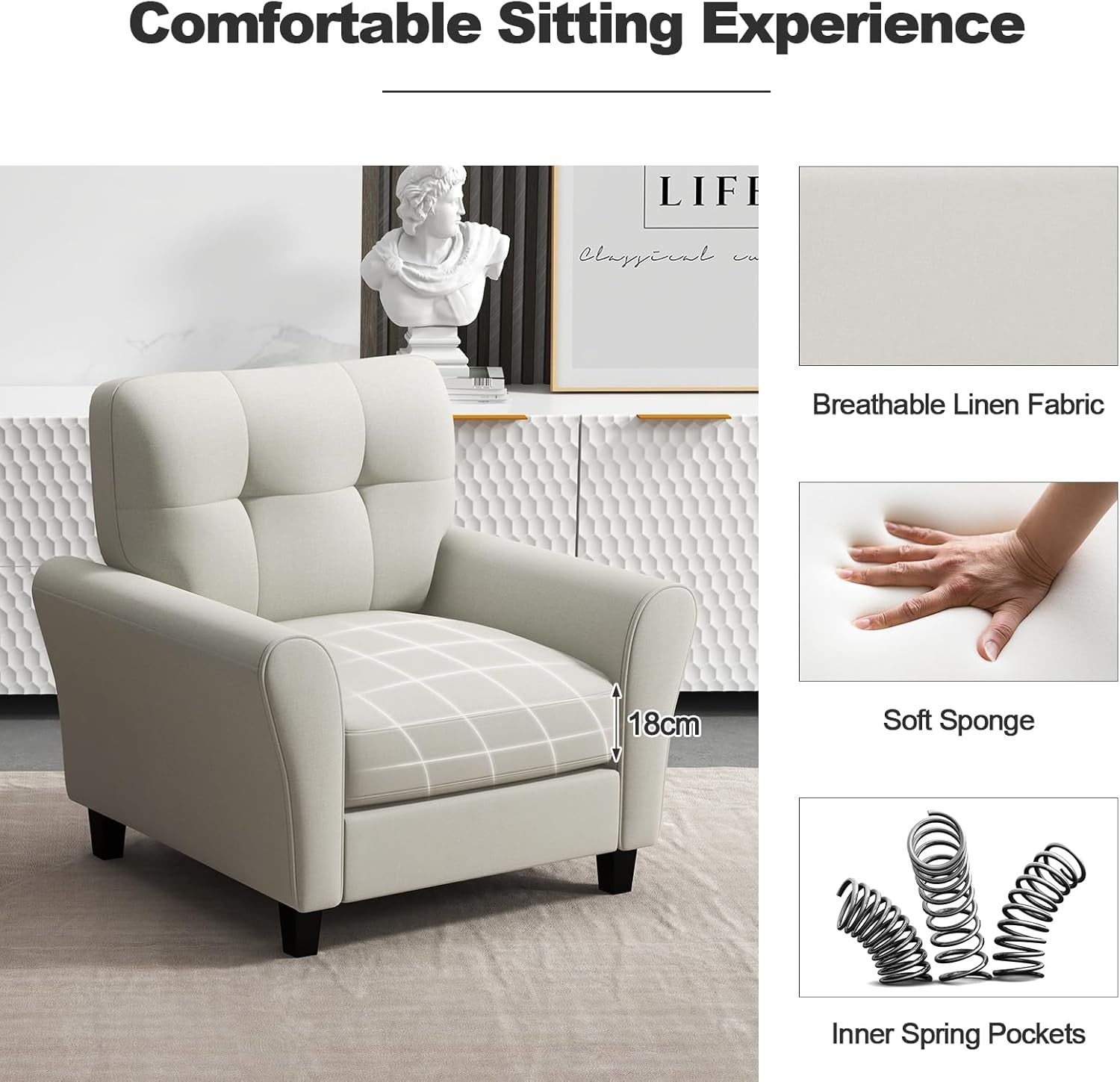 Beige Accent Armchair Tufted Fabric Lounge Chair Thick Cushion