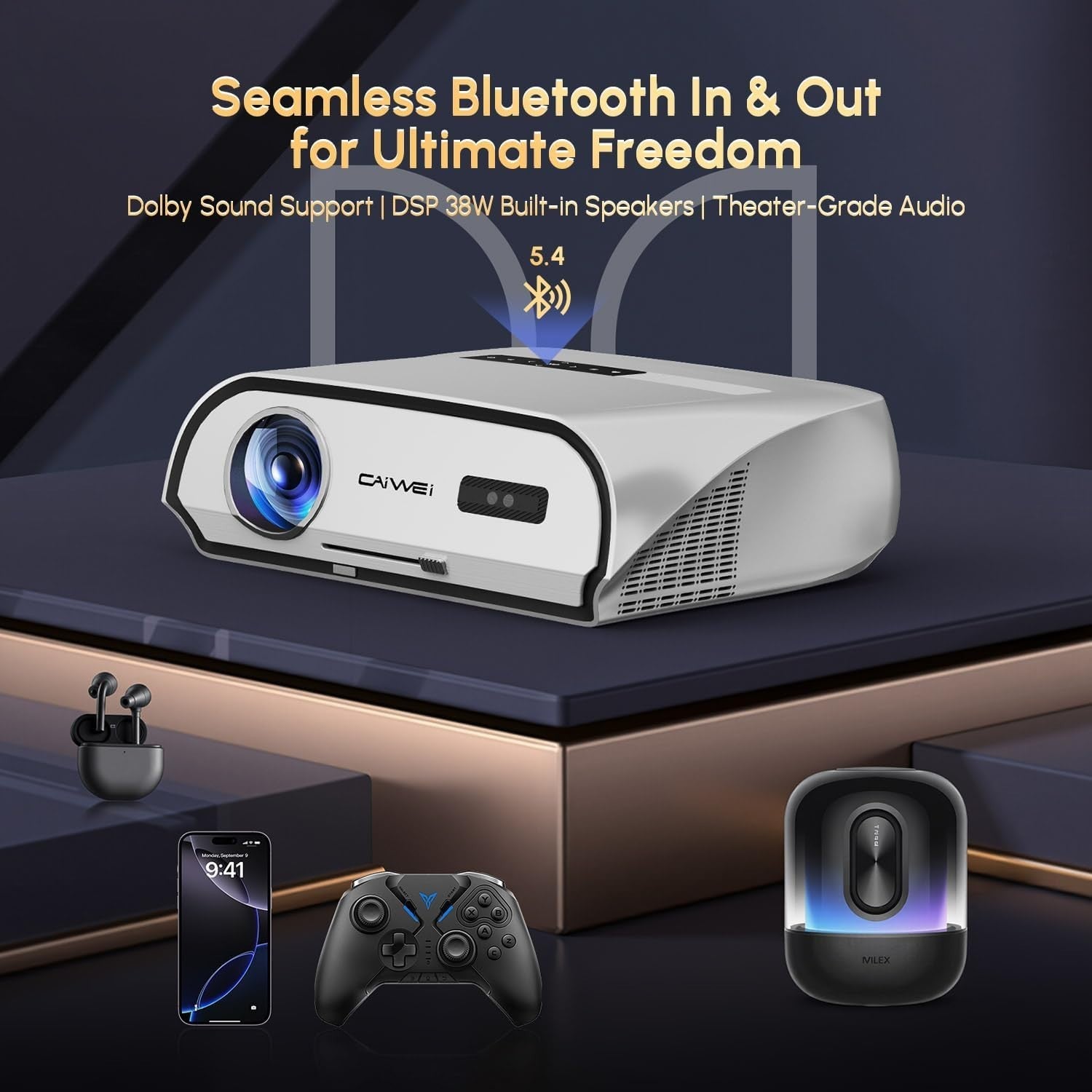 4K Home Theater Projector 1400 ANSI Lumens Smart WiFi Bluetooth 300"