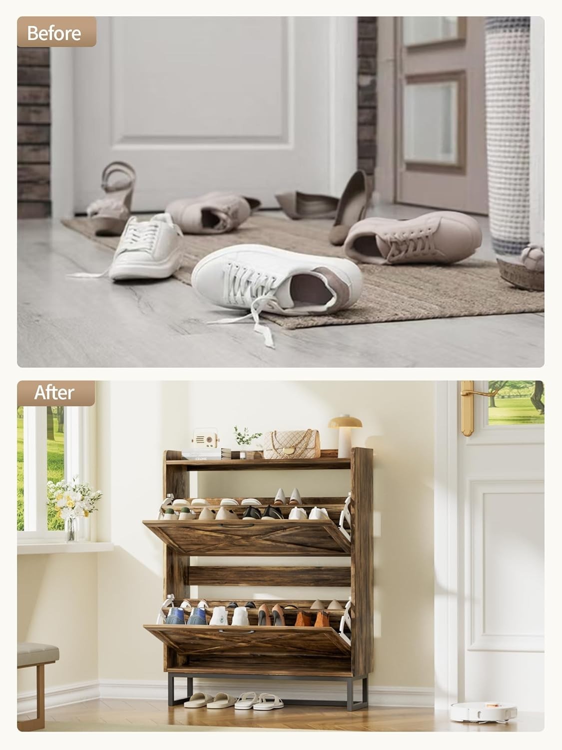 Slim Wooden Shoe Cabinet 2 Drawer Fold Storage Rack – Vintage Style Hallway