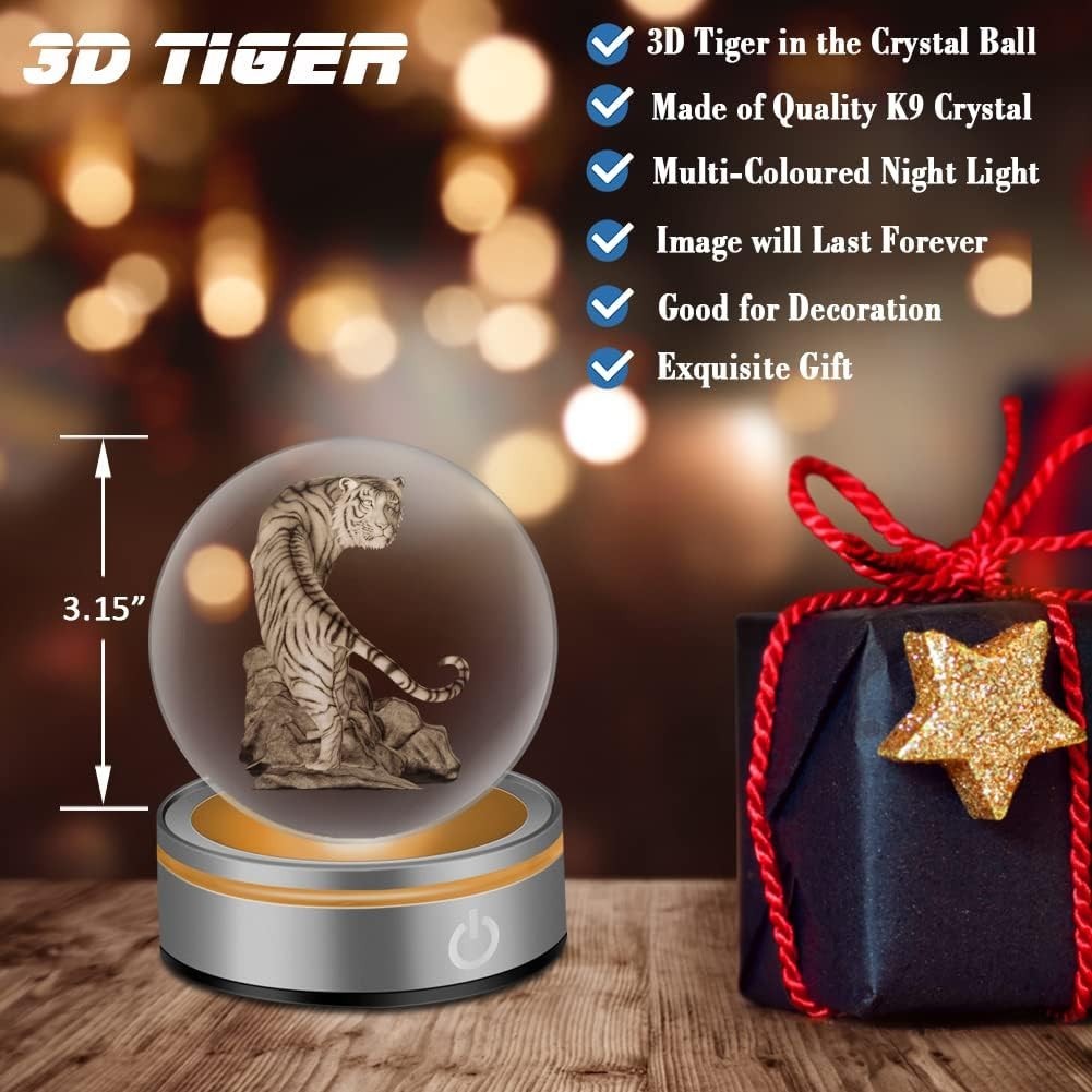 3D Tiger Crystal Ball LED Light • Laser Engraved White Tiger Ornament