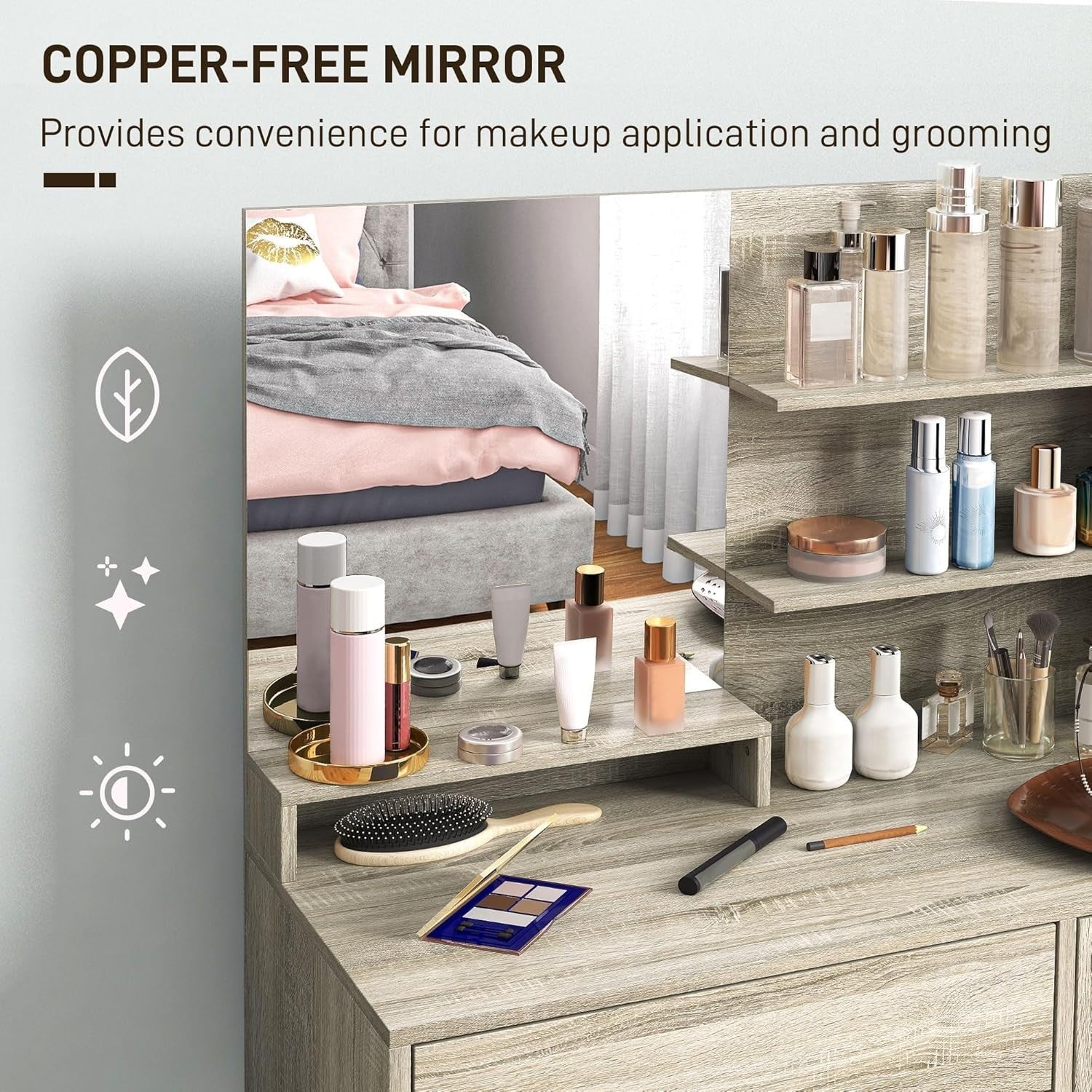 Natural Wood Dressing Table Vanity Set Mirror Stool Cabinet Drawer Makeup Storag