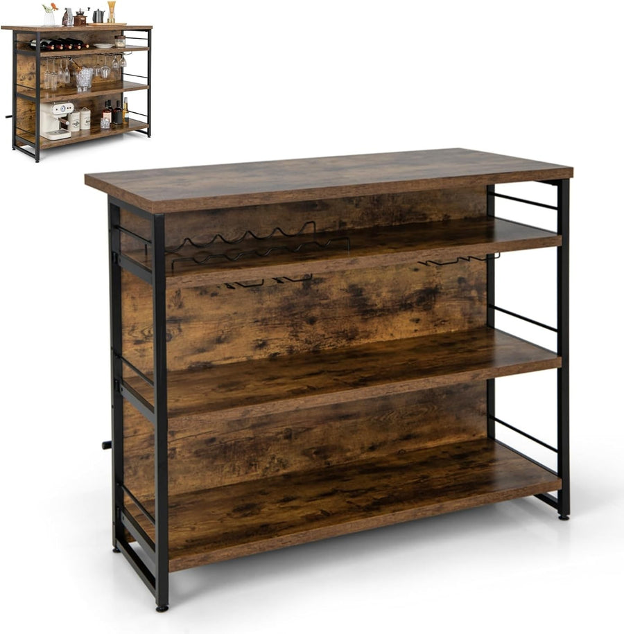 Industrial Kitchen Island Bar Table with Wine Rack Rustic Brown 120x60cm