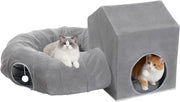 Cat Donut Tunnel Bed w Square House Peekaboo Play Cave Washable Gray