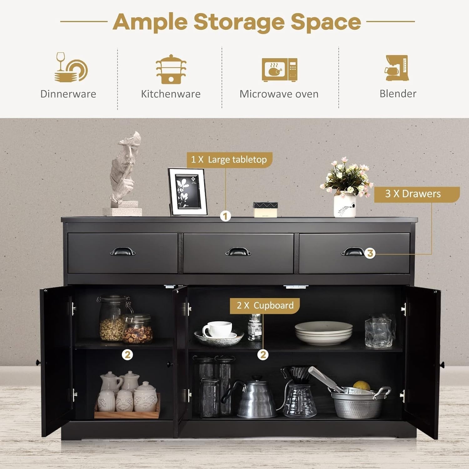 Dark Brown Large Sideboard Buffet Cabinet with 3 Drawers & Adjustable Shelves