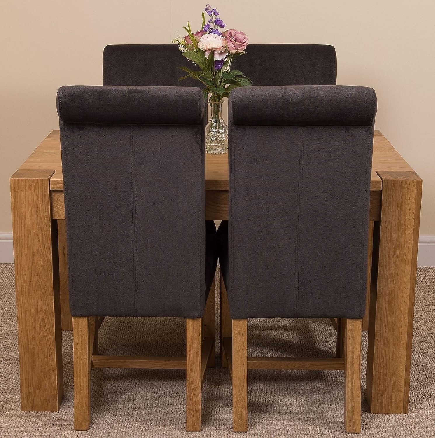 Solid Oak Dining Table & 4 Chairs Set | Compact Modern Design | Dark Grey