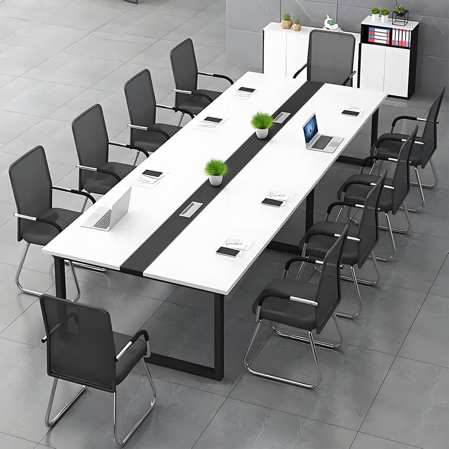 160x100cm White/Black Office Meeting Table w/ Cable Ports + Adjustable Feet