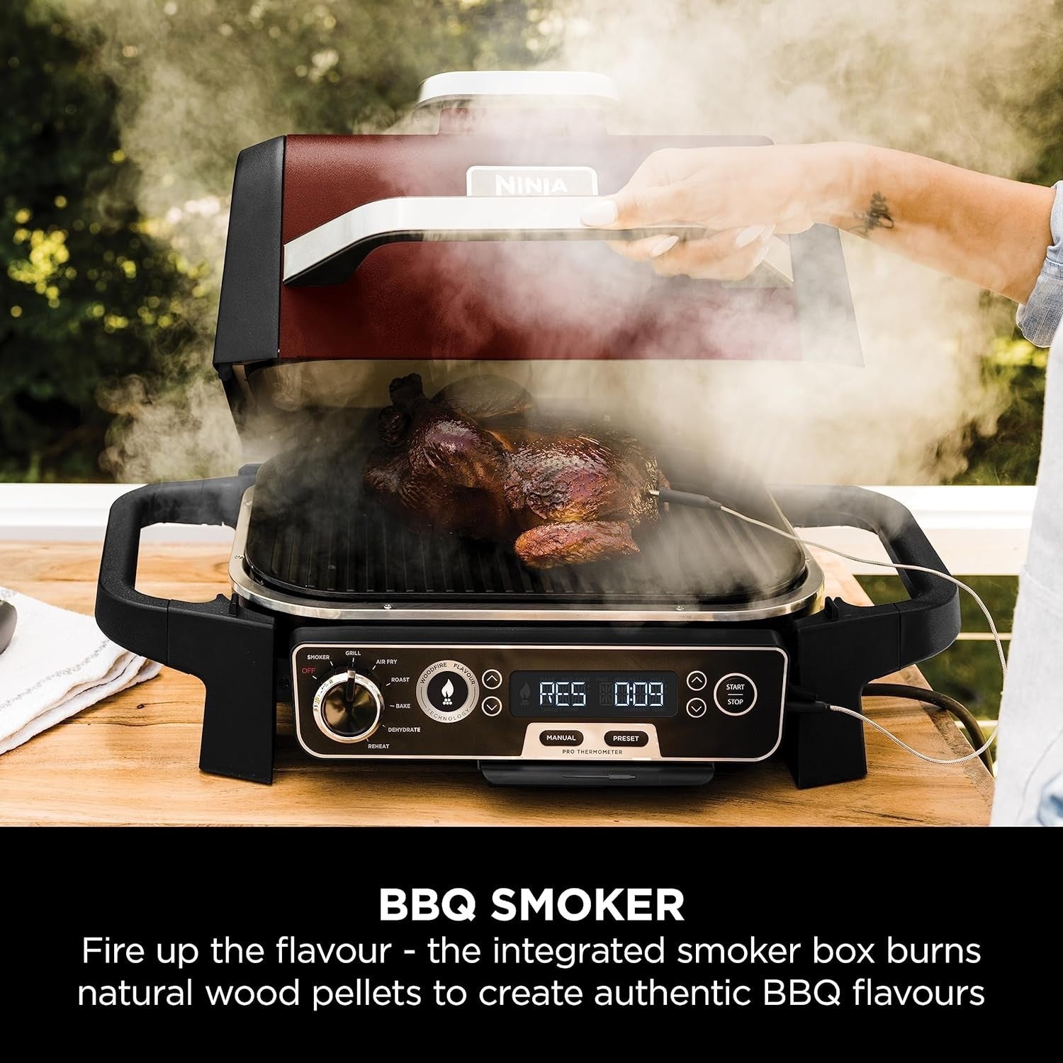 7-in-1 Electric BBQ Grill & Smoker with Digital Probe, Air Fryer & Woodfire