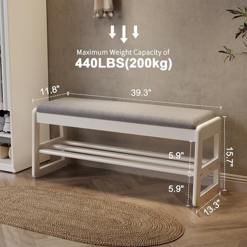 2-Tier White Shoe Storage Bench with Flip-Top & Cushion Seat