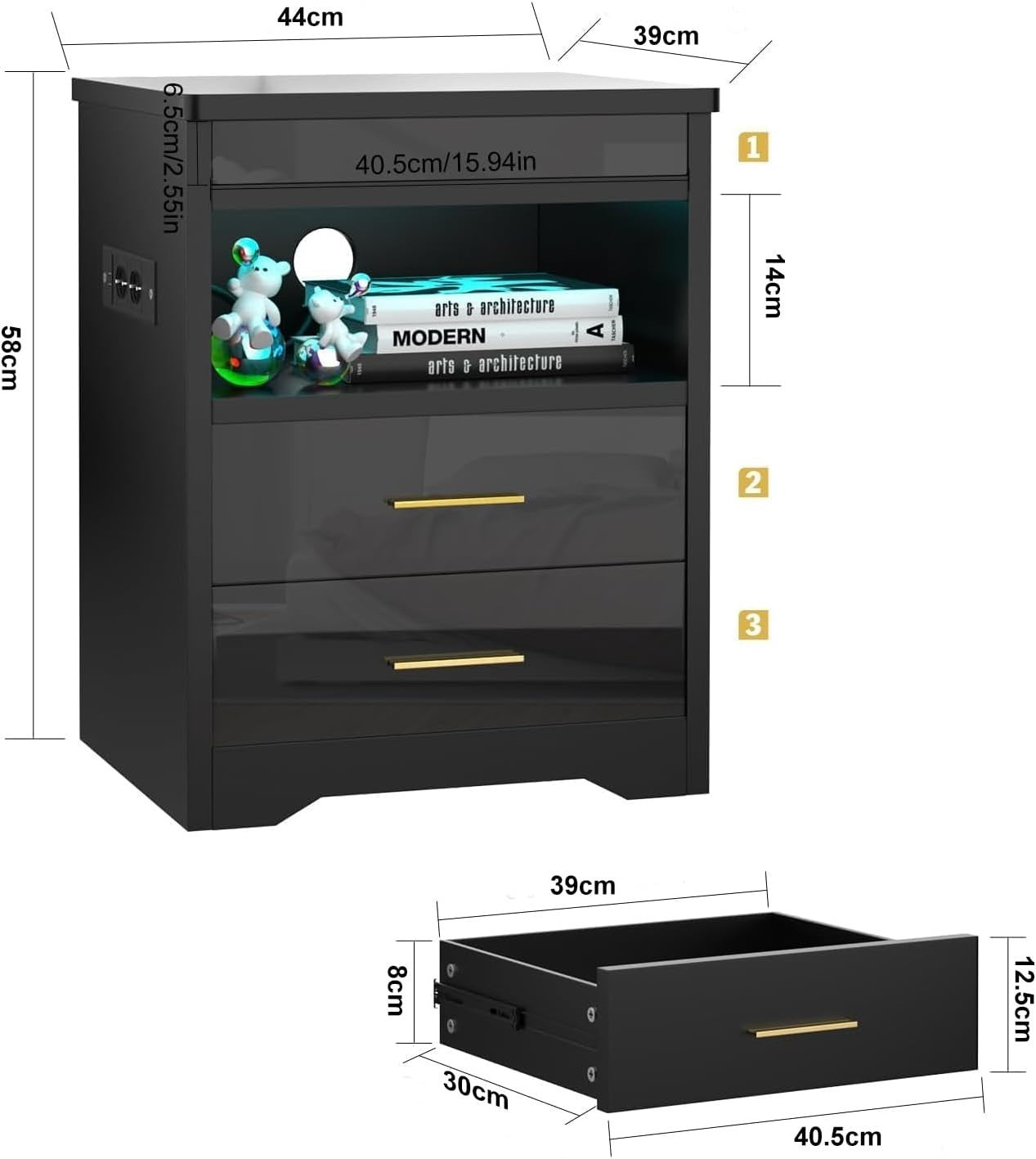 Modern LED Bedside Table with USB Charging, 2 Drawers + Shelf, Gloss Finish
