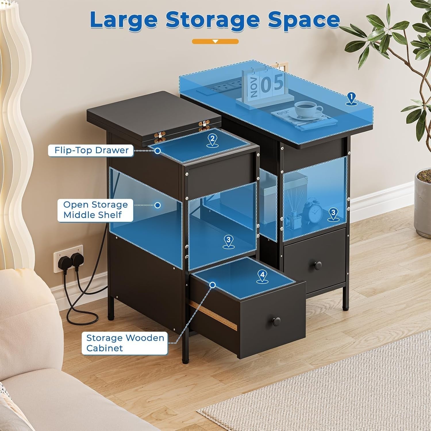 Slim Black Smart Bedside Table with LED Light, USB Charging & Drawer