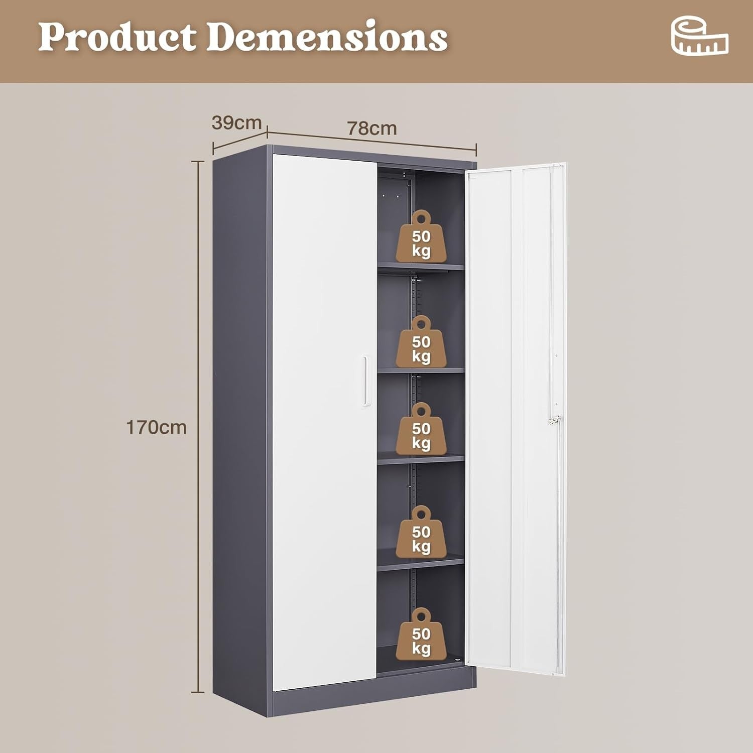 Lockable Metal Storage Cabinet with 2 Doors & 4 Adjustable Shelves, Heavy Duty