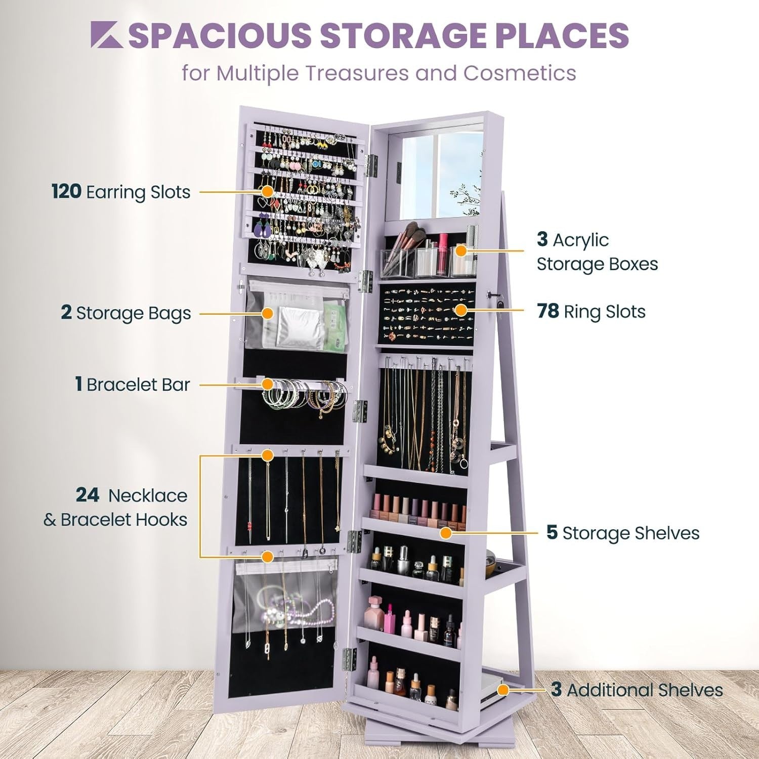 Purple 360° Swivel Jewelry Cabinet Mirror Lockable 3-in-1 Storage Stand
