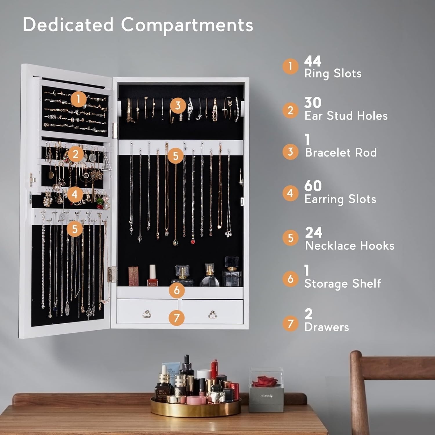 White LED Mirror Jewellery Cabinet Wall Door Mounted Lockable Storage