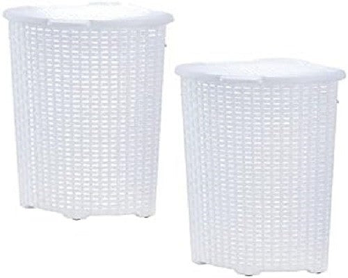 2 Pack Corner Laundry Hampers 50L White Wicker Baskets w/ Lids Space Saving
