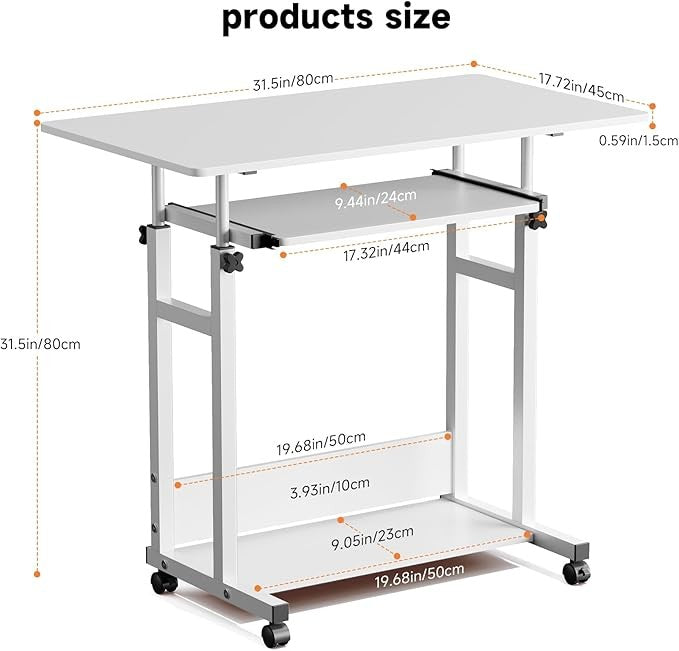 Mobile Computer Desk Adjustable Height Laptop Table with Wheels 80x45cm