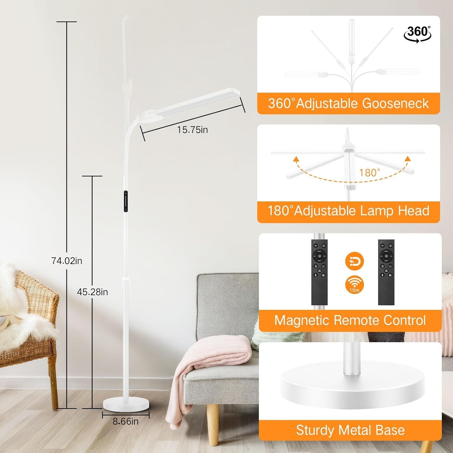 Double Head LED Floor Lamp Dimmable Remote Touch Adjustable Reading