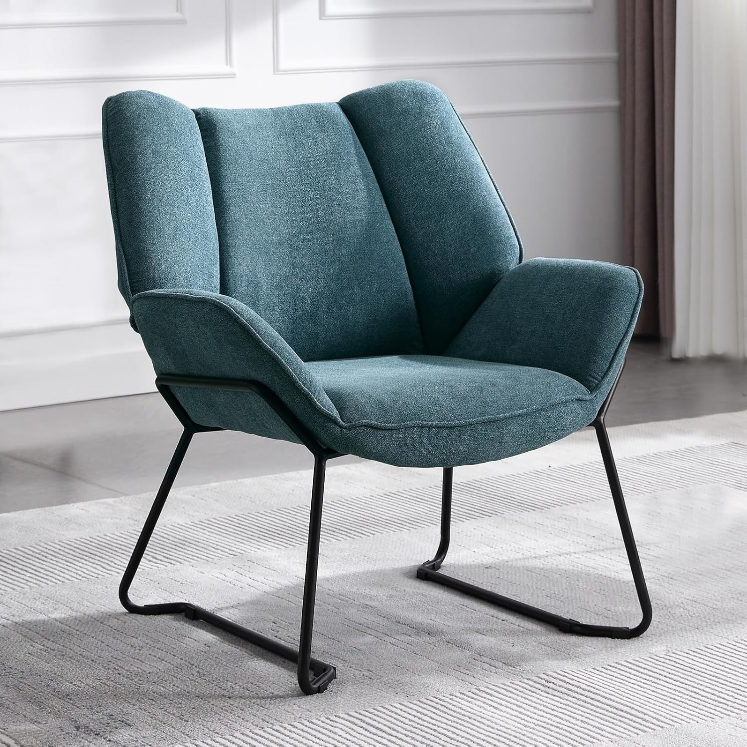 Modern Chenille Tub Armchair Blue Upholstered Accent Chair Metal Legs