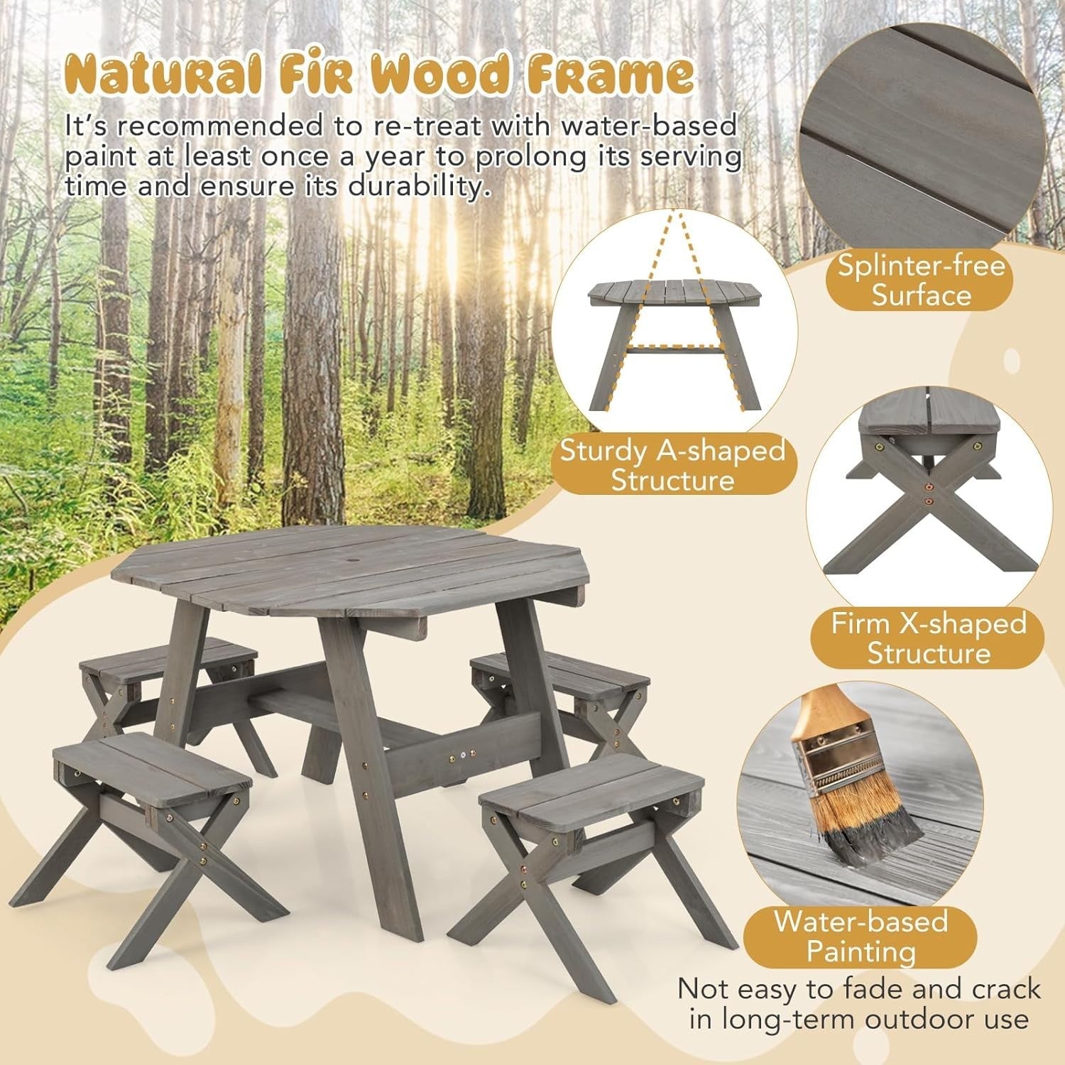 Kids Wooden Picnic Table Set w/ 4 Stools & Adjustable Umbrella Outdoor Indoor