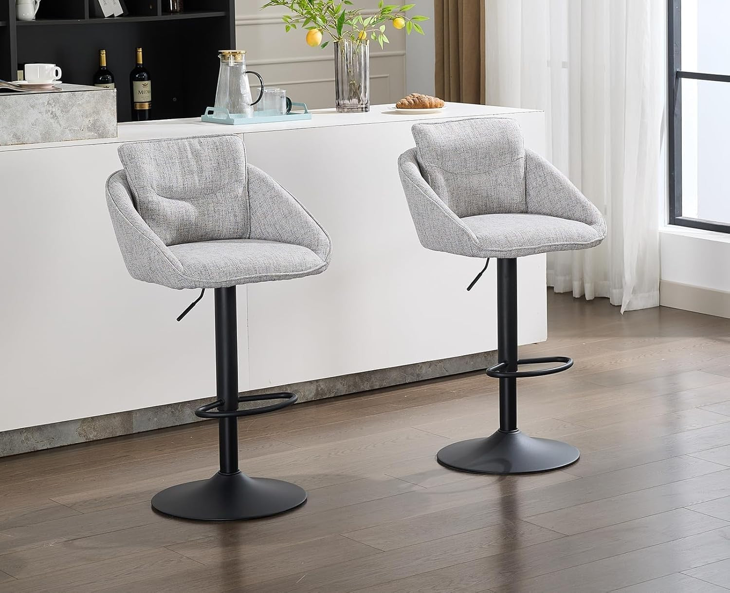 Adjustable Grey Linen Bar Stools Set of 2 Swivel Kitchen Counter
