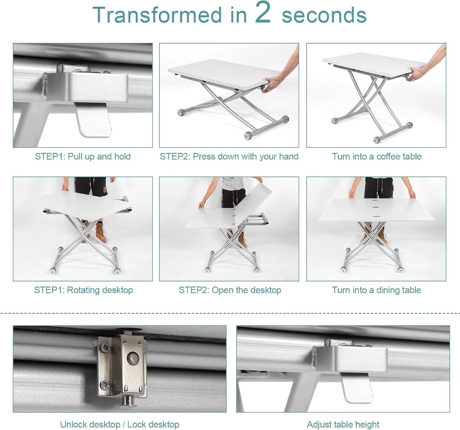 Height Adjustable Expandable White Coffee Dining Table Space Saving