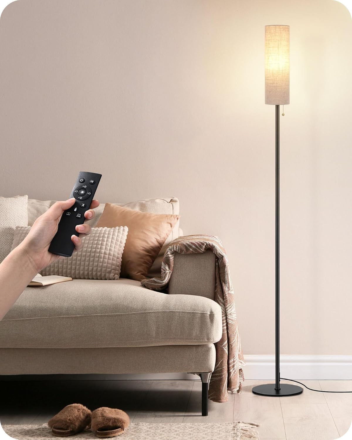 Black LED Floor Lamp Dimmable Standing Light Remote Control Round Linen Shade