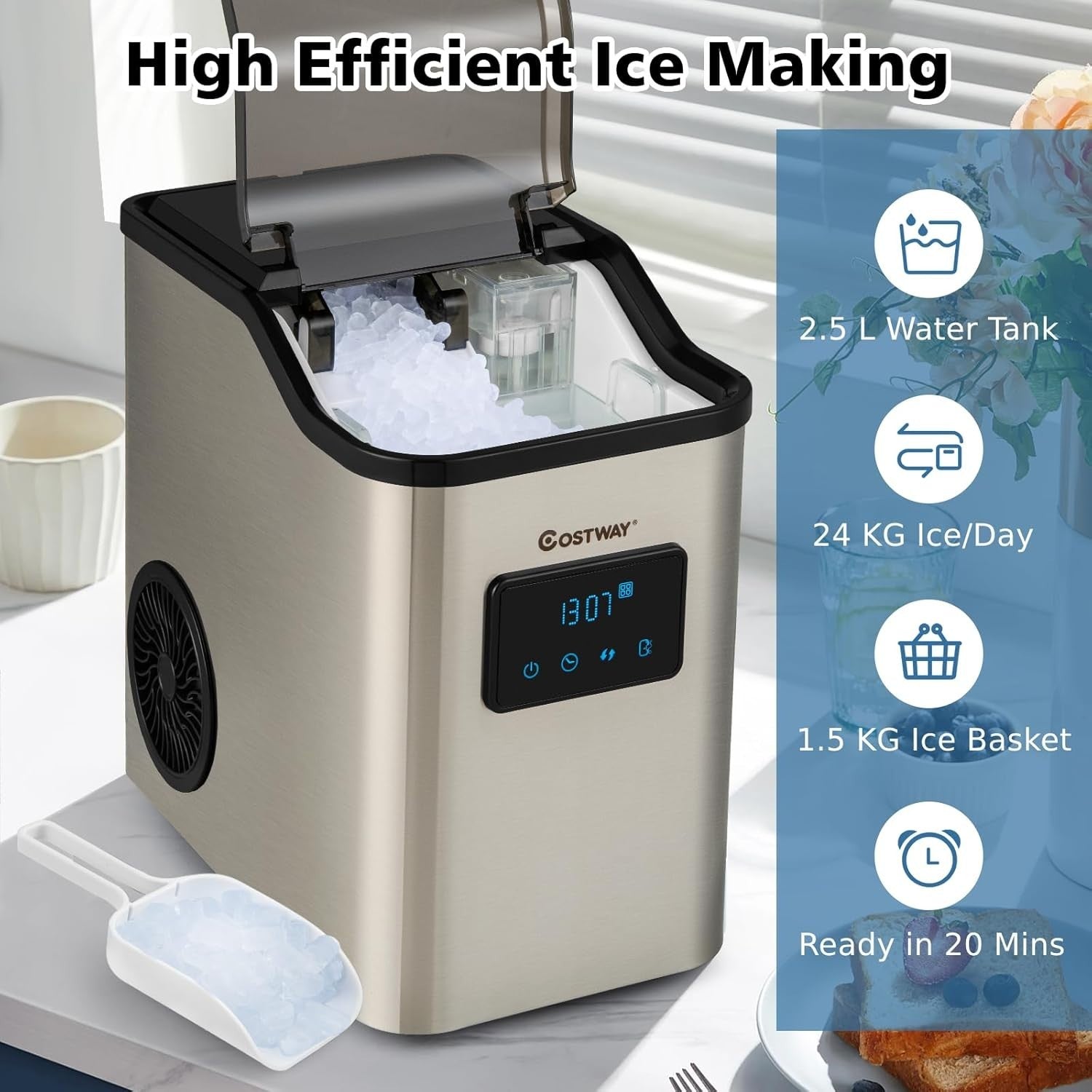 Nugget Ice Maker Countertop 24kg/24H Self Cleaning Timer 2.5L Tank