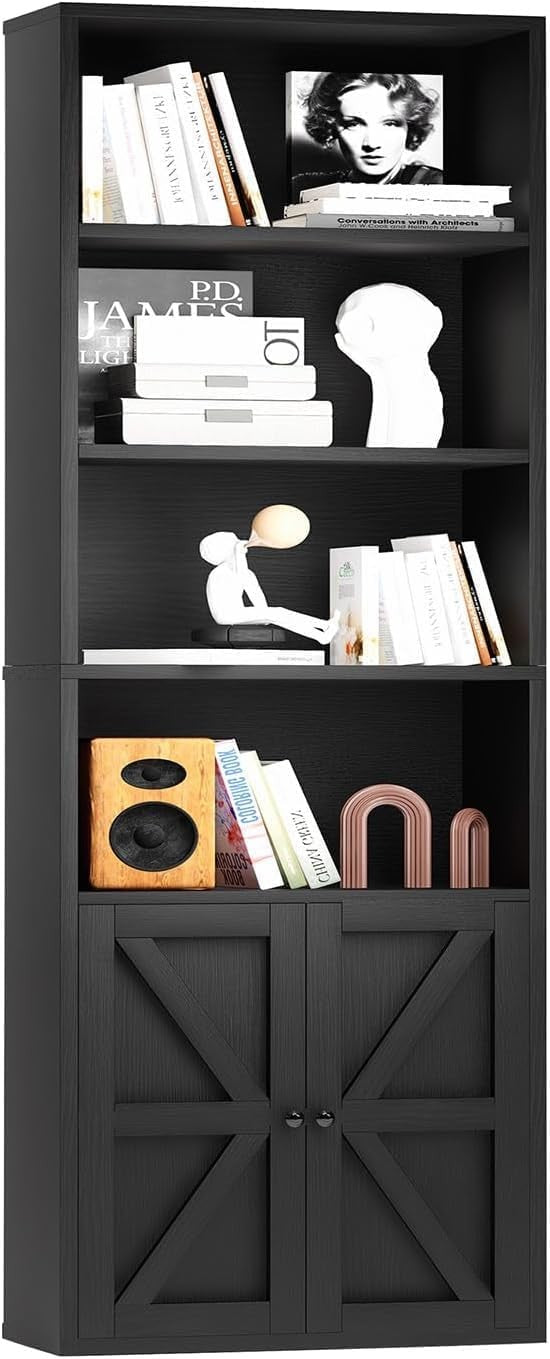 Tall Black 6-Tier Bookcase with Cabinet Doors Modern Storage Unit 181cm
