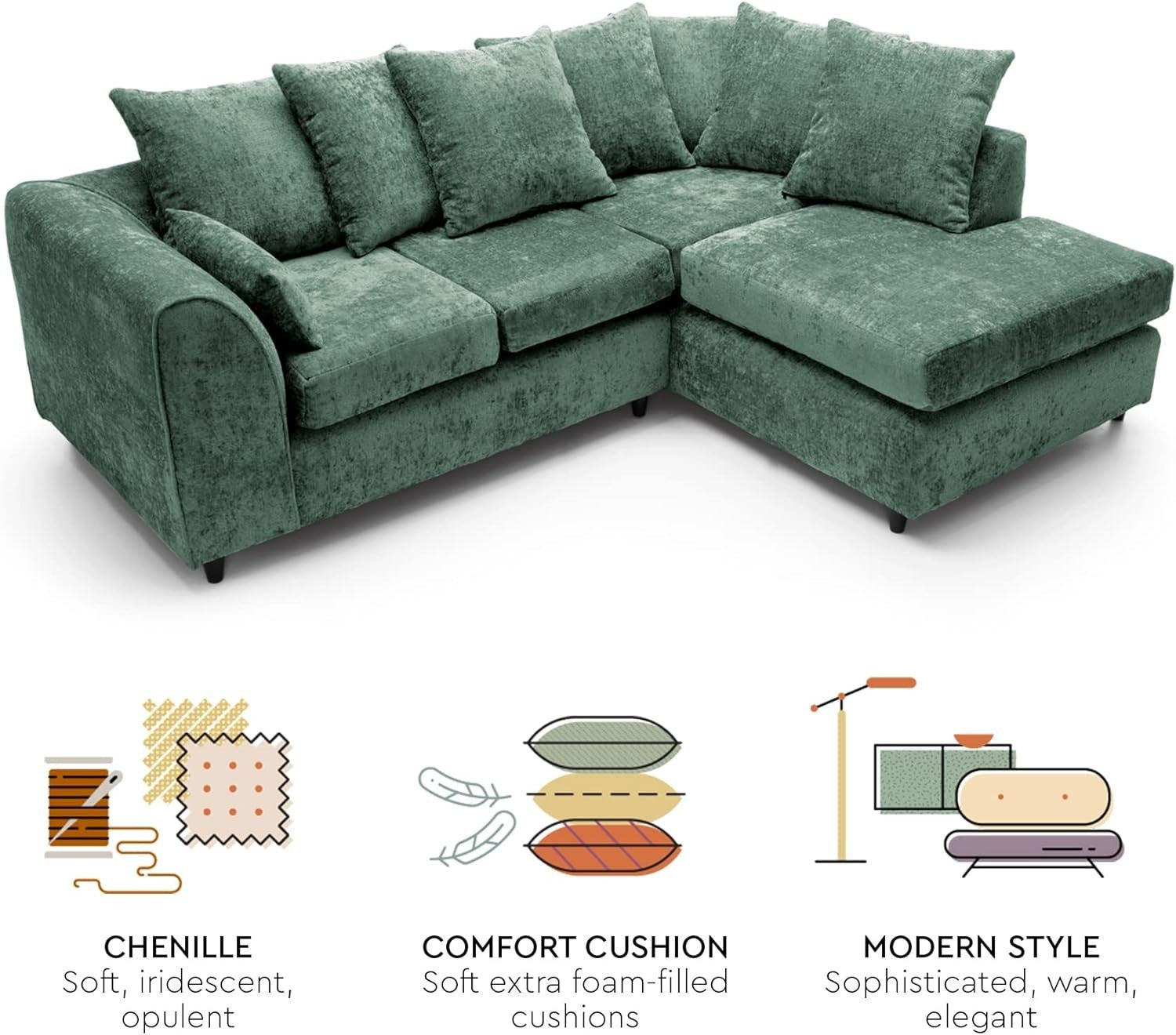 Green Chenille Corner Sofa Right – Modern L Shape Couch for Living Room