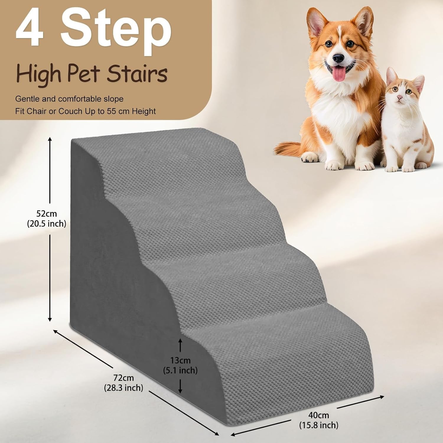 4 Step Dog Stairs Extra Tall Foam Pet Ramp for High Beds Grey