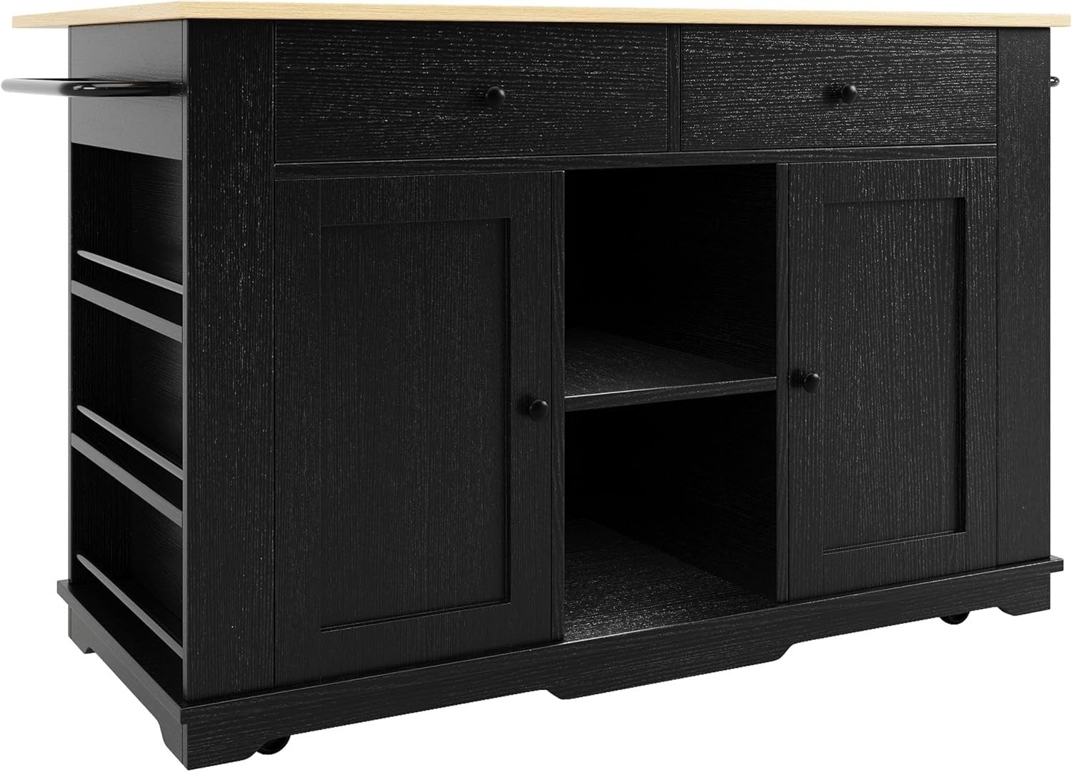 Black Kitchen Island with Power Strip, Foldable Worktop, Drawers & Storage