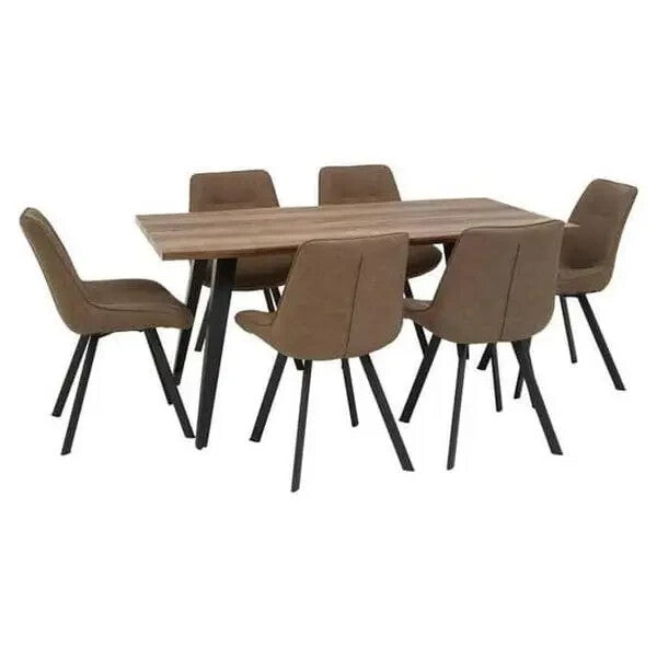 7 Piece Dining Set Brown Wood Table & Faux Leather Chairs Nordic Style
