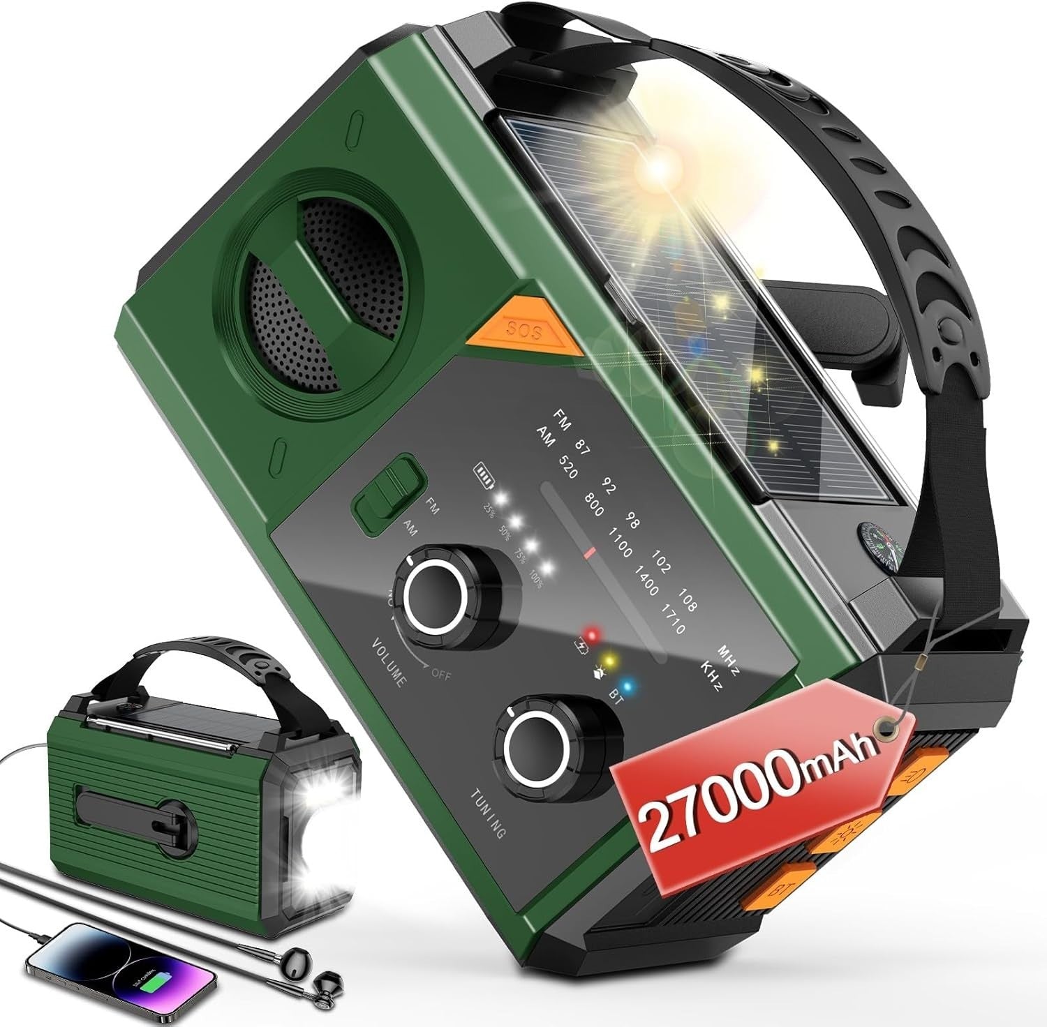 Solar Wind-Up Emergency Radio 27000mAh Power Bank, SOS Torch, AM/FM